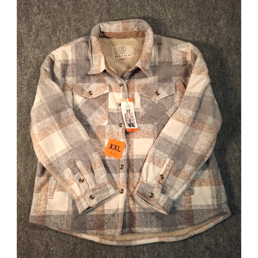 Sage Collective Women Plush Plaid Shirt Jacket Grey Tan White Size 2XL NWT